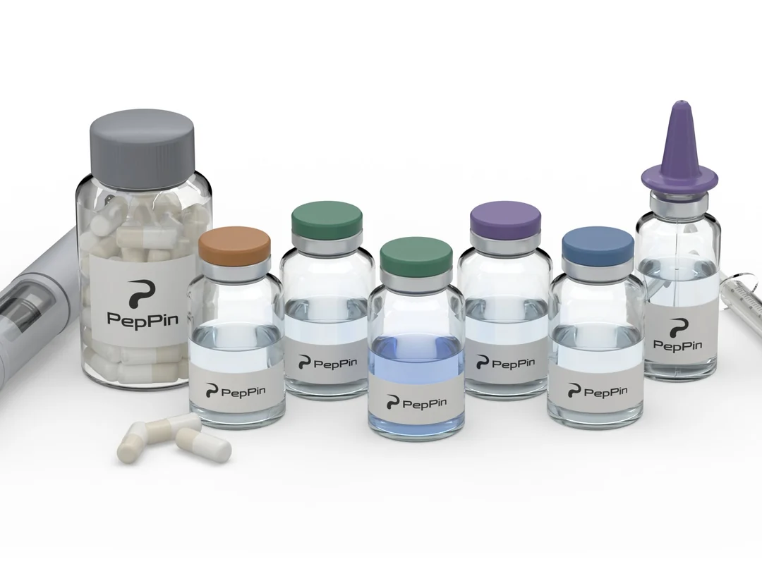 PepPin vials, capsule bottle, nasal spray, pen and syringe together on white
