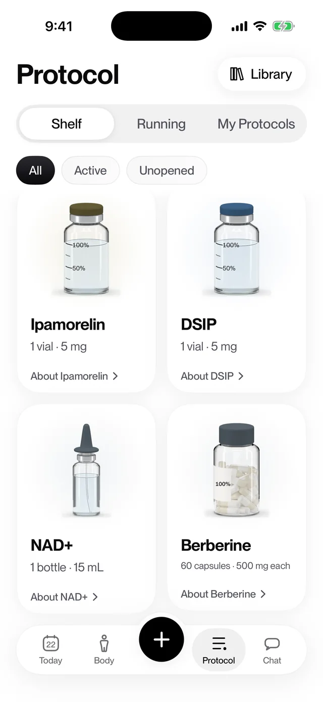 PepPin Shelf screen on an iPhone, with what's left in each vial, spray and bottle.